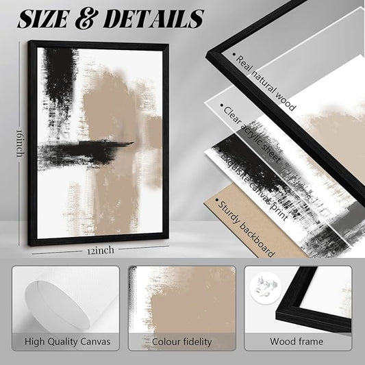 Joocrise Beige Abstract Wall Art Painting Set of 3 Neutral Canvas Wall Art Prints Black Beige Modern Wall Decor Minimalist Art Pictures Abstract Modern Artwork for Room Bedroom 12x16 Inch Wood Framed