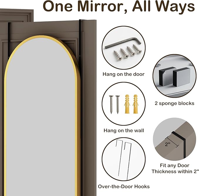 Antok Full Length Over-the-Door Hanging Mirror - Freestanding Wall Mount Leaning Body Mirror for Bedroom Living Room Entryway, 48" L x 14" W, Gold