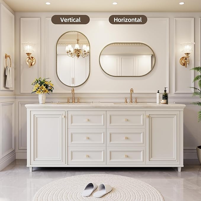 Champagne Bronze Bathroom Mirror, 16x48 Inch Vintage Gold Beaded Oval Full Length Mirrors, Antique Brass Decorative Mirror for Living Room, Bedroom, Entryway, Fireplace
