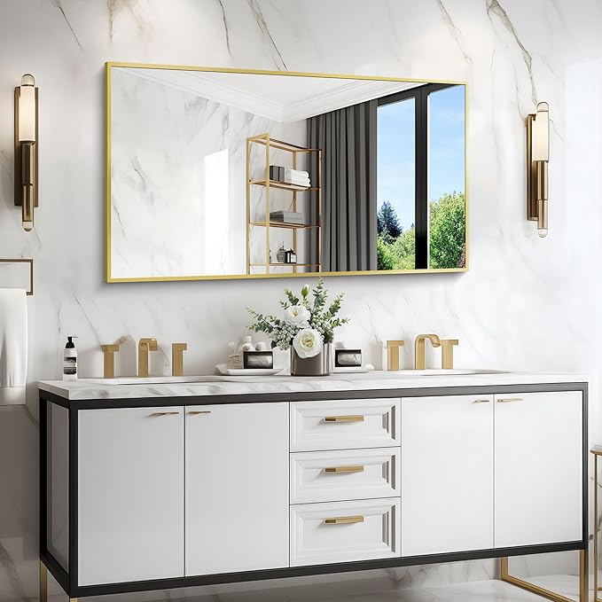 COFENY Gold Bathroom Mirror for Wall, 30x48 Inch Rectangle Mirrors with Metal Frame, Modern Vanity Wall Mirror Decor for Bathroom Living Room, Entryway Hangs Horizontal or Vertical