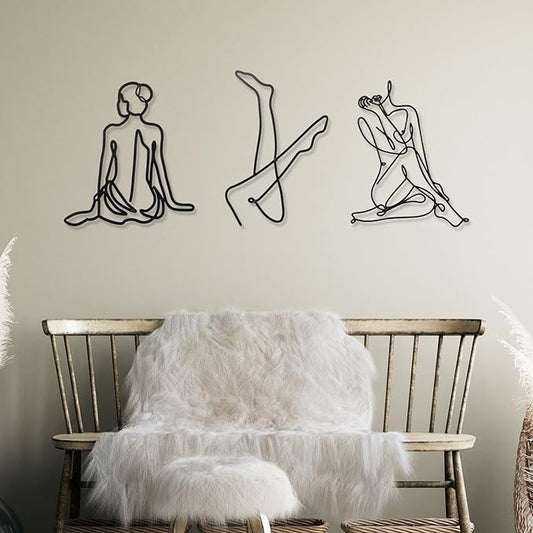 Photect 3 Pcs Metal Wall Art Decor Minimalist Abstract Woman Wall Art Metal Modern Line Drawing Decor Female Single Line Home Hanging for Bedroom Bathroom Living Room Housewarming(Fresh,Black)