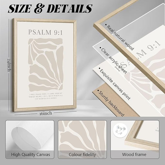 Scripture Christian Wall Art Set of 3 Beige Bible Verses Wall Decor Neutral Psalm Canvas Wall Art Modern Pictures Flower Prints Christian Artwork for Living Room Bedroom 16x24 Inch Framed