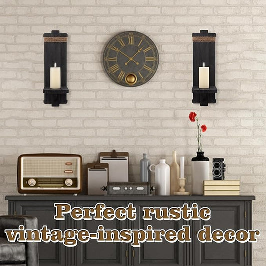 Alphatool Farmhouse Wall Decor Candle Sconces - 2 Pcs Vintage Rustic Handmade Wooden Wall-Mount Candle Holders for Bedroom Livingroom Home Hanging Art Decorations Accessories Gifts, Black