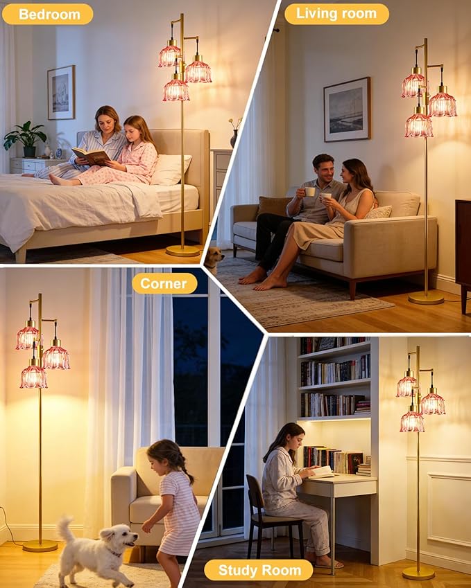 3-Light Modern Glass Floor Lamp, Gold Standing Tall Lamp with Deep Red Vertical Rib Glass Shade, Dimmable LED Floor Lamp with 5Lbs Heavy Base for Living Room Bedroom Home Decor, Bulb Included