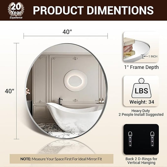 ANDY STAR Round Vanity Mirror 40 Inch, Round Chrome Mirror, Large Circle Mirror, Metal Framed Vanity Mirror for Wall, Modern Clean Design with Superior Stainless Steel Frame