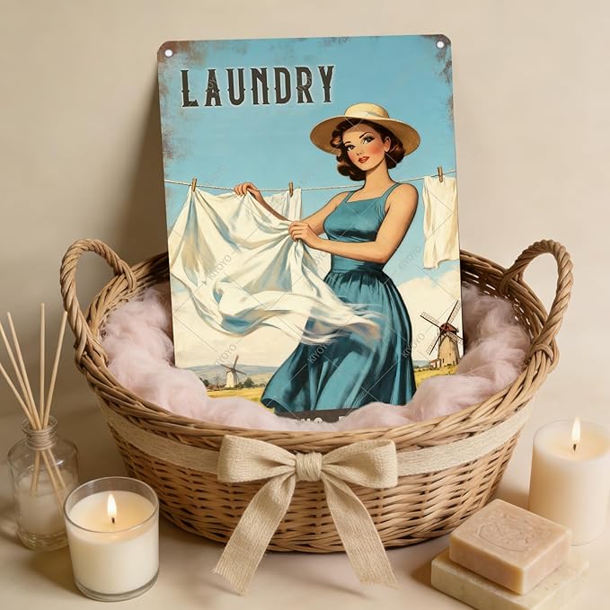 Laundry Vintage Tin Sign Funny Sarcastic Fresh Linens Breezy Days Retro Housewife Design Vintage 1950s Mom 16x12 Inch