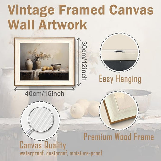 ASTRDECOR Framed Kitchen Wall Art Prints, Rustic Kitchen Farmhouse Wall Decor Living Room, Vintage Jars Still Life Oil Painting Dining Room Wall Decor, Fruits Botanical Canvas Wall Art-12''x 16''