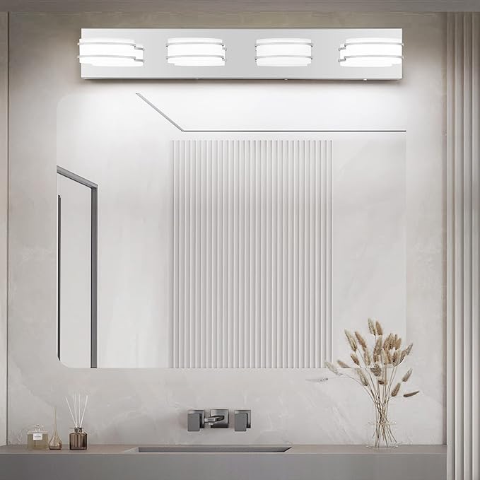 GOODATE 3 Color Temperature Dimmable Vanity Lights for Bathroom, LED Chrome 4 Light Vanity Lighting Fixtures, Acrylic Stainless Steel Oval Shade Bathroom Light Fixtures Over Mirror, ETL Certificated