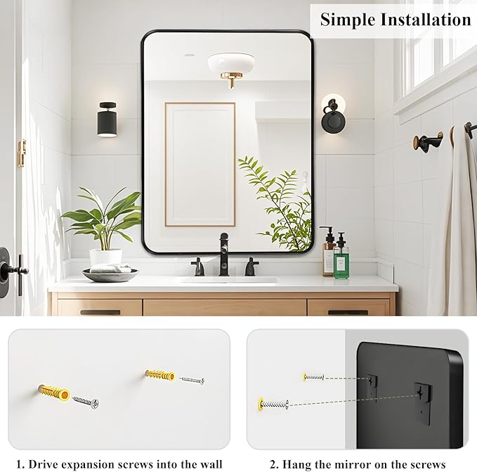 Fabuday Bathroom Mirror Over Sink - 36x30 Inch Mirrors for Bathroom Black Metal Framed Mirror, Rectangle Brushed Black Vanity Mirror for Restroom, Farmhouse, Entryway, Home Office