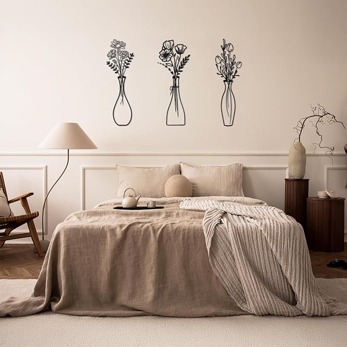 Sanwarm 3 Pieces Metal Flowers Wall Decor, Black Wall Art Decors Abstract Floral Vase Rustic Farmhouse Minimalist Hanging Decoration for Home Bathroom Living Room Bedroom Garden Office Gifts