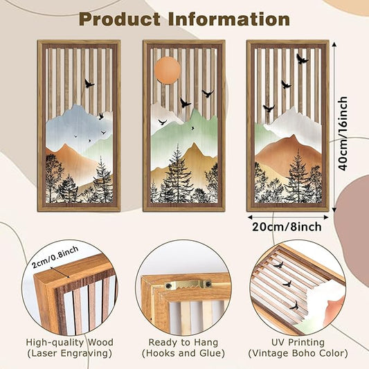 KAIRNE Mountain Landscape Wooden Wall Decor Set or 3(16”X8”) Framed,Boho Orange Wood Hanging Decor,Nature Bohemian Wall Art,Vintage Farmhouse Wooden Sign for Bedroom Living Room Office Decoration