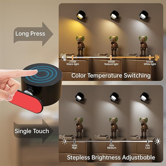 Deyagoo 3PACK Romote LED Wall Sconce - Rechargeable Wall Light, 3 Colors & 3 Brightness Levels, 360° Magnetic Rotating Head, Bedside Reading Lamp, Easy Install Battery Operated Wall Lamp Black