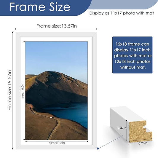 PEALSN 12x18 Picture Frame Set of 6, Display Pictures 11x17 with Mat or 12x18 without Mat for Wall Mounting Display, Photo Frames Collage for Wall Decor, White.