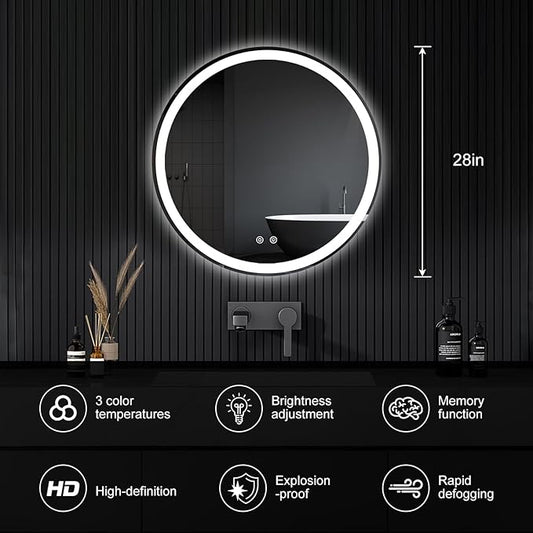 DUMOS 28 Inch Round LED Bathroom Mirror with Lights, Circle Vanity Mirror with Anti-Fog, Dimmable, 3-Color Light, Front Light and Backlit, Memory Function, Tempered Glass