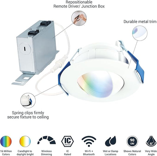 HALO 4 in Smart Wi-Fi Canless LED Recessed Downlight Connected by WiZ Pro with Adjustable Gimbal, Dimmable Full Color Changing, SpaceSense Motion Detection, Smart Home Compatible - RAWZC409