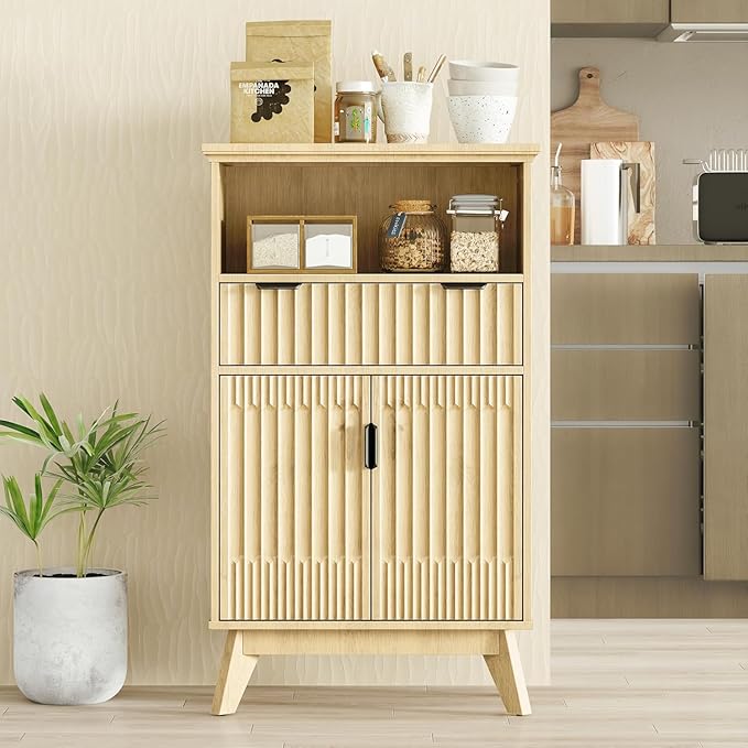 Fatmok Buffet Cabinet with Storage Set of 3, 40" Modern Fluted Coffee Bar Cabinet with Drawer & Open Shelf, Wood Buffet Sideboard Console Table for Entryway, Kitchen, Living Room (Natural Wood)