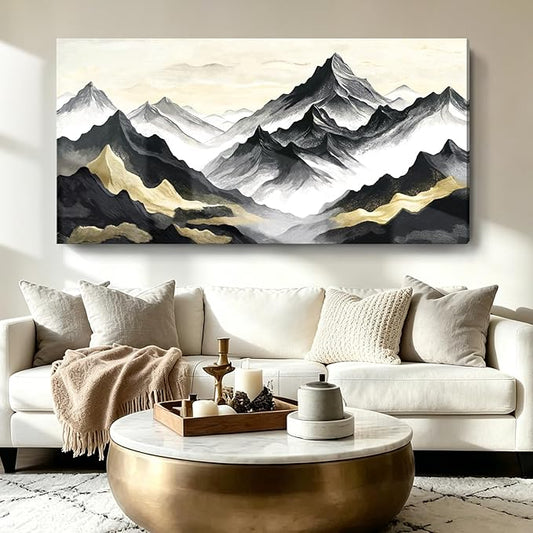 Oversized Black White And Gold Modern Abstract Landscape Wall Art For The Living Room; Canvas Print Of Natural Mountain; A Casual And Elegant Artwork Suitable For Bedrooms, Dining Rooms, Offices, And Galleries. 58X29 Inch