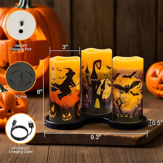Rechargeable Halloween Flameless Candles Battery Operated with 6 Hour Timer Real Wax Flickering LED Pillar Candles Bats Witch Pumpkin Dinner Halloween Indoor Deocration(3 Pack, 3" D x 6" H)