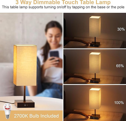 Touch Bedside Lamp for Bedroom Set of 2, 3 Way Dimmable Table Lamp with USB C+A Charging Ports, Small Nightand Lamps for Bedroom Decor, Living Room, Home, LED Bulbs Included, Upgraded Beige