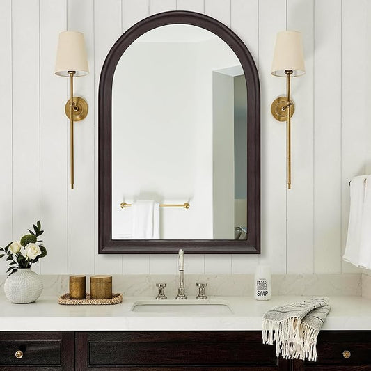 Tanmicoshomy Dark Brown Framed Arched Bathroom Mirror 24x36 Inch,Wall Mirror with Tempered Glass for Living Room, Bedroom or Entryway