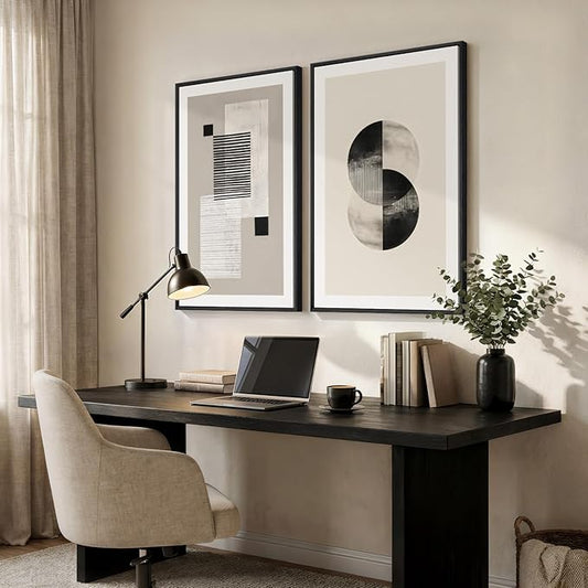 Large Framed Black and White Neutral Abstract Wall Art for Living Room, 2 Piece Modern Canvas Prints Artwork for Walls, Beige Minimalist Geometric Pictures for Bedroom Hallway Wall Decor 24x36 In