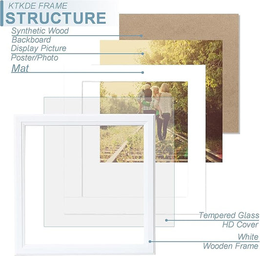 KTKDE 8x8 Picture Frame Real Glass, Display Pictures 4x4 with Mat or 8x8 Without Mat, Modern Style Wood Composite Frame,White Gallery Wall Frame & Table Top Display,best gift