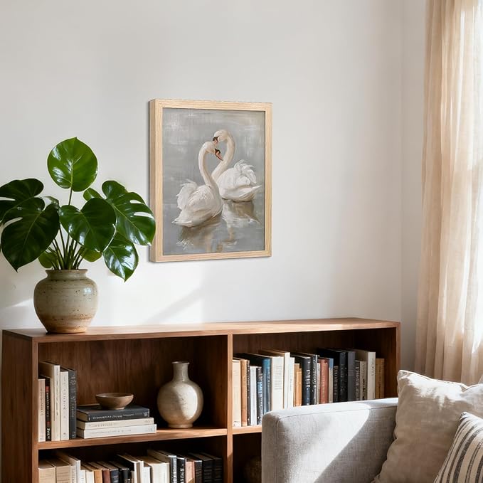 Vintage Framed Swan Canvas Wall Art Country Farmhouse Retro Romantic Animal Painting Picture Wall Decor Bathroom Watercolor Classical Poster Print Artwork for living Room Bedroom Home 8x10 inch