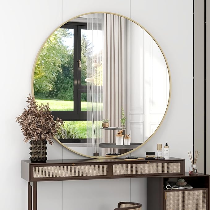 EASLY 32'' Round Mirror, Gold Bathroom Wall Mirror with Metal Frame for Entryway, Living Room, Vanity, Bedroom