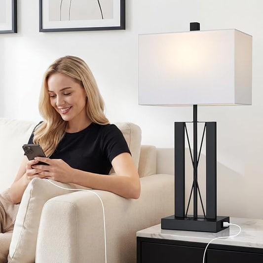 Lolikit 25" Table Lamps for Living Room Set of 2, Modern Table Lamp with 2 USB Charging Ports, Nightstand Geometric Bedside Lamp with White Shade for Bedroom End Table Desk Office(2 LED Bulb Included)