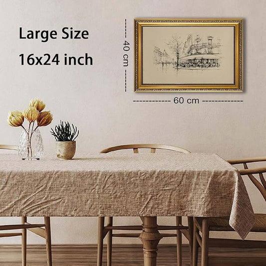WZGZXU Vintage Gold Framed Wall Art Autumn Paris Cafe Wall Decor French Bistro Canvas Art Paintings Street Sketch Picture Antique Drawing Artwork For Dining Room Kitchen 16x24in