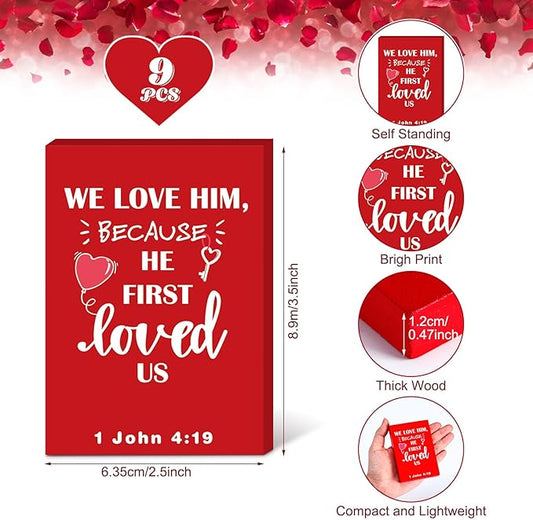 Yousoontic 9 Pcs Christian Valentine's Day Decor Bible Verse Religious Jesus Table Decorations Wood Block Sign Rustic Valentines Love Tiered Tray Decor for Church Home Shelf Table Top(Classic)