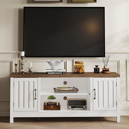 ChooChoo Farmhouse TV Stand, Wood Fluted Door Entertainment Center with Storage Cabinets and Open Shelves, Rustic Media Console up to 55 inches for Living Room, Bedroom, White