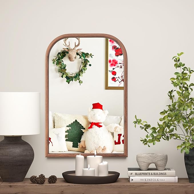 20"x30" Arch Wall Mirror Bathroom Mirror for Wall Mounted, Tempered Glass, Wood Grain Finish Frame Wall Mirror Decorative for Living Room Bedroom Entryway, Walnut