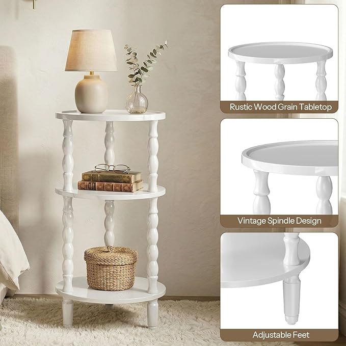 HOOBRO Round Side Table for Small Space, 3-Tier Small Round End Table with Rubberwood Leg, Accent Bedside Table, Circle Nightstand, Living Room, Bedroom, Sofa Couch, White WT218BZ01