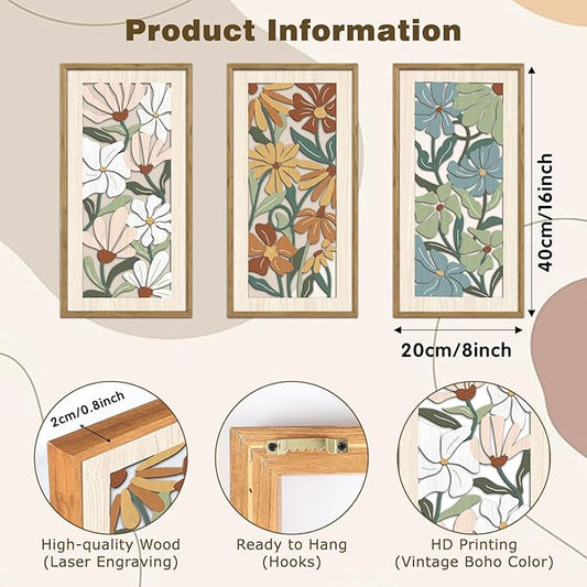 KAIRNE Vintage Colorful Floral Wooden Wall Art Set of 3,Abstract Boho Wood Decoration,Mid Century Modern Flower Wall Decor,Minimalist Wildflower Artwork for Living Room Bedroom Office,8X16 inch
