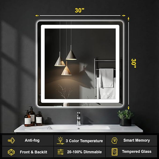 LED Bathroom Mirror with Lights - Anti-Fog, Dimmable, Backlit+Frontlit, 3 Color Light - 30"x30" Lighted Vanity Mirrors for Wall, Shatterproof Tempered Glass, Memory Function