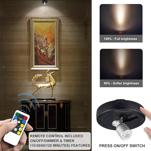 HAMVIDNE LED Spotlight, Battery Powered Picture Lights, Uplighting Indoor, Puck Lights with Remote, Stick Spot Light for Wall Display Dartboard Painting Artwork Accent-Silver