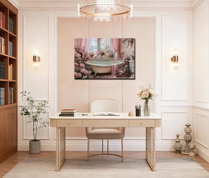 Frimeeme Vintage Pink Roses Bathtub Canvas Wall Art, Luxury Floral Bathroom Decor, for Bathroom Farmhouse Laundry Room Powder Room,16x24 Inches, Framed