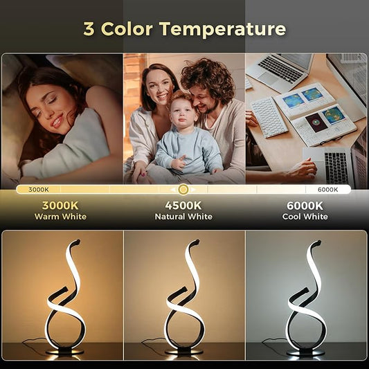 Modern Touch Lamp for Nightstand, Spiral LED Table Lamp, Dimmable 3 Color Temperature Night Stand Desk Lamp, Unique Bedside Light for Living Room, Bedroom, Cool Lamps for Ideal Gift, Black