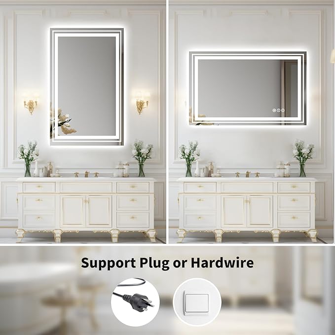 WTTY 60"x36" LED Bathroom Mirror with Lights, Backlit and Front Lighted Bathroom Vanity Mirrors Wall Mounted, Double LED Vanity Wall Mirror for Bathroom with Anti-Fog, Dimmable, Memory, Shatter-Proof