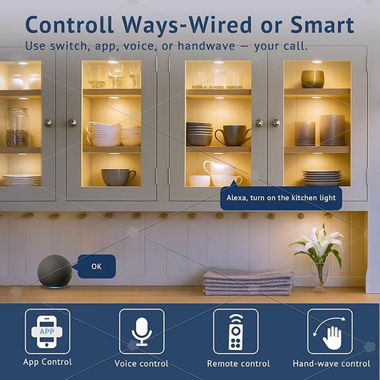 V4light Smart Under Cabinet Lights, Plug-in Puck Lighting with App, Voice & Motion Control, Dimmable 2700K–6500K, Compatible with Alexa & Google Home, Kitchen, Closet & Shelf Lighting (6 Pack)