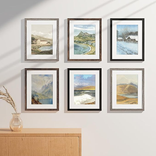 Vittanly 11x14 Picture Frames Set of 9, Display 8x10 Pictures with Mat or 11x14 without Mat, Photo Frames for Wall or Tabletop with Plexiglass, Engineered Wood, Black&Brown&Dark Grey