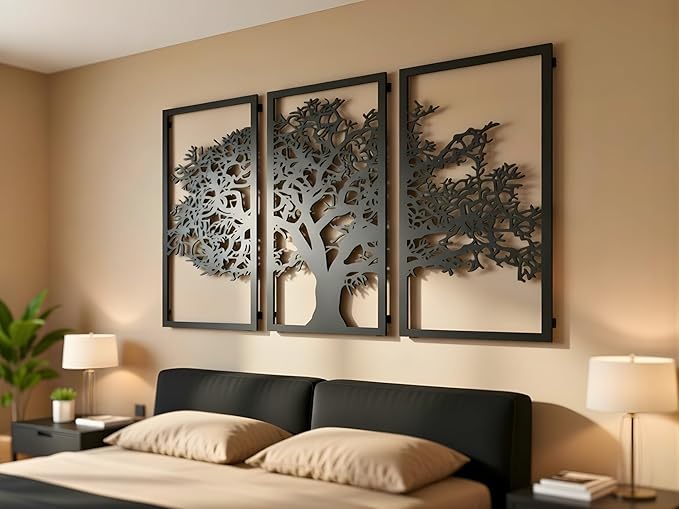 VAILLA Tree of Life Wall Art Decor Set of 3 Wall Hanging Sculpture Modern Wall Home Decoration 3D Textured Sculptures for Living Room Bedroom Office Dinnig Room 3 Panels Family Tree Wall Hangings (71"L x 39"W)