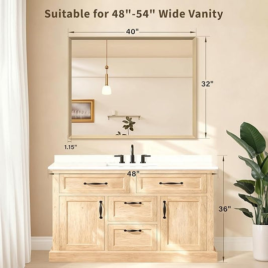 Oak Wood Effect Framed Wall Mirror, 32x40 Rectangle Mirror, Anti-desilvering Tempered Glass, Sustainable& Sturdy Frame, Farmhouse Mirror, Anti-Rust, 3min Fast Setup for Bathroom Living Room
