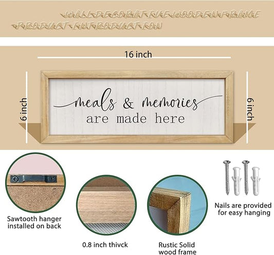 comurdyo Meals and Memories Are Made Here Sign Wall Decor 16"×6" for Dining Room Kitchen Wooden Framed Hanging Wall Art (Wood)