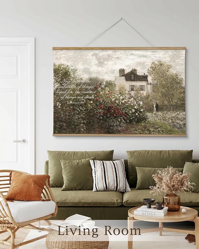 InSimSea 36x54 Extra Large Canvas Scroll Wall Art, Faith in Garden Bible Verse Religious Decor, Inspirational Pastoral Rose Bush Oil Painting for Living Room, Prayer Room, Church