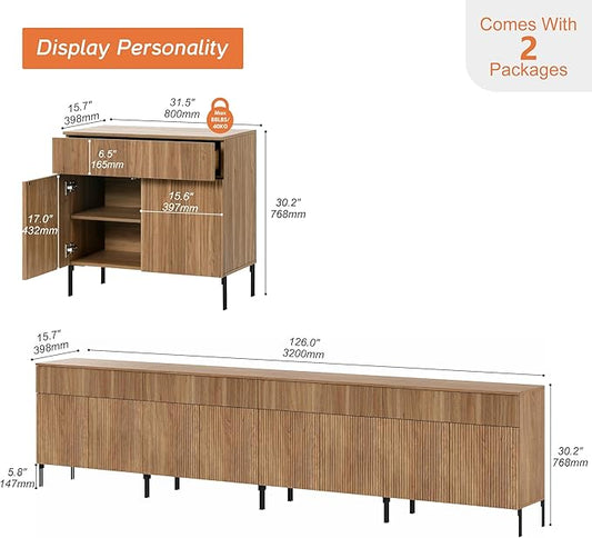 WAMPAT Large Fluted TV Stand TVs up to 120 inch, 126" W Modern TV Entertainment Center with Storage and 4 Drawers & 8 Doors, Wood Media TV Console Table with Storage for Living Room, Light Walnut
