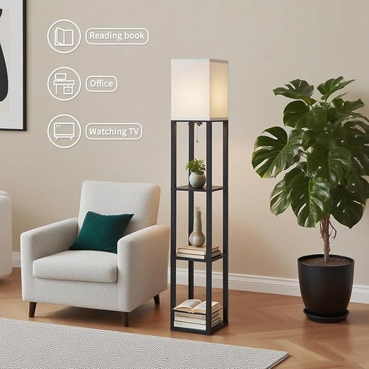 Floor Lamp with Shelves, Modern Square Shelf Lamp for Living Room, Corner Display Standing Lamp, Tall Lamp with White Shade for Bedroom, Office, Home Decor (Black)
