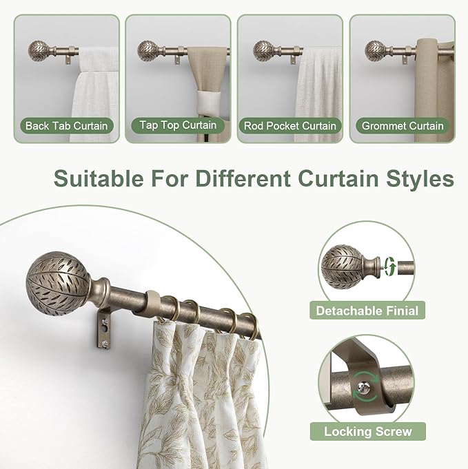 QDWIS 2 Pack Silver Curtain Rods for Windows 48 to 84 Inch,1'' Diameter Drapery Rods with Leaf Pattern Finials,Boho Adjustable Heavy Duty Curtain Rods Set,36-88'',Retro Silver
