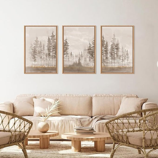 Beige Foggy Pine Tree Framed Canvas Wall Art Set,Modern Misty Forest Wall Decor,Nature Landscape Brown Art Print for Living Room,Bedroom-24 x36 x3